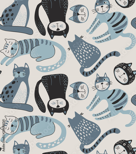 Cotton fabric Vector seamless pattern with cute cats in simple flat style.