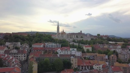 Wall Mural - Aerial panoramic of view Fisherman's bastion or Halaszbastya and Matthias Church of the Buda castle at Buda side in central Budapest