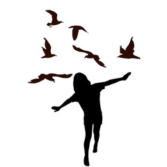 Girl kid  imitate bird flying and birds flying