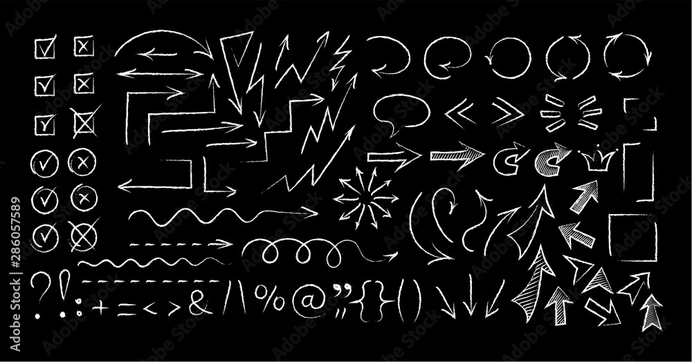 Sketchy arrow chalk style set vector illustration. Group of chalked arrows and checkboxes, chalk marker style symbols for hand drawn diagrams, mind maps and communication highlight drawings - obrazy, fototapety, plakaty 
