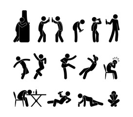 Drunk people in different situations. Cocktail party people drink alcohol. A man drinks wine, beer. Sticks figure pictogram alcoholism.