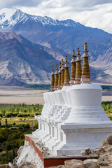 Wall Mural - Many Buddhist white stupas and Himalayas mountains in the background near Shey Palace in Ladakh, India.