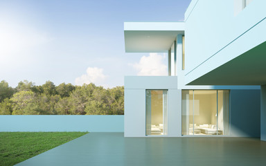 Aufkleber - Perspective of white modern luxury house with green lawn yard in day time on tree background, Idea of minimal architecture with large wood deck design. 3D rendering 