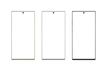 Poster - Isolated modern smart phone in three colors. White screen for mockup. Thin edges and camera in the display.