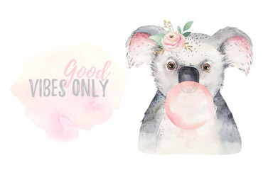 A poster with a koala. Watercolor cartoon koala tropical animal illustration. Jungle exotic summer print.