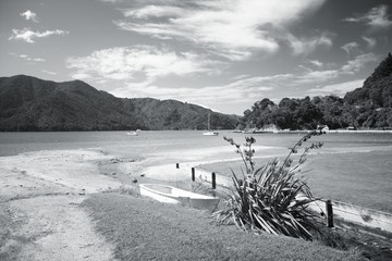 Canvas Print - Marlborough Sounds in New Zealand South Island. Black and white vintage style.