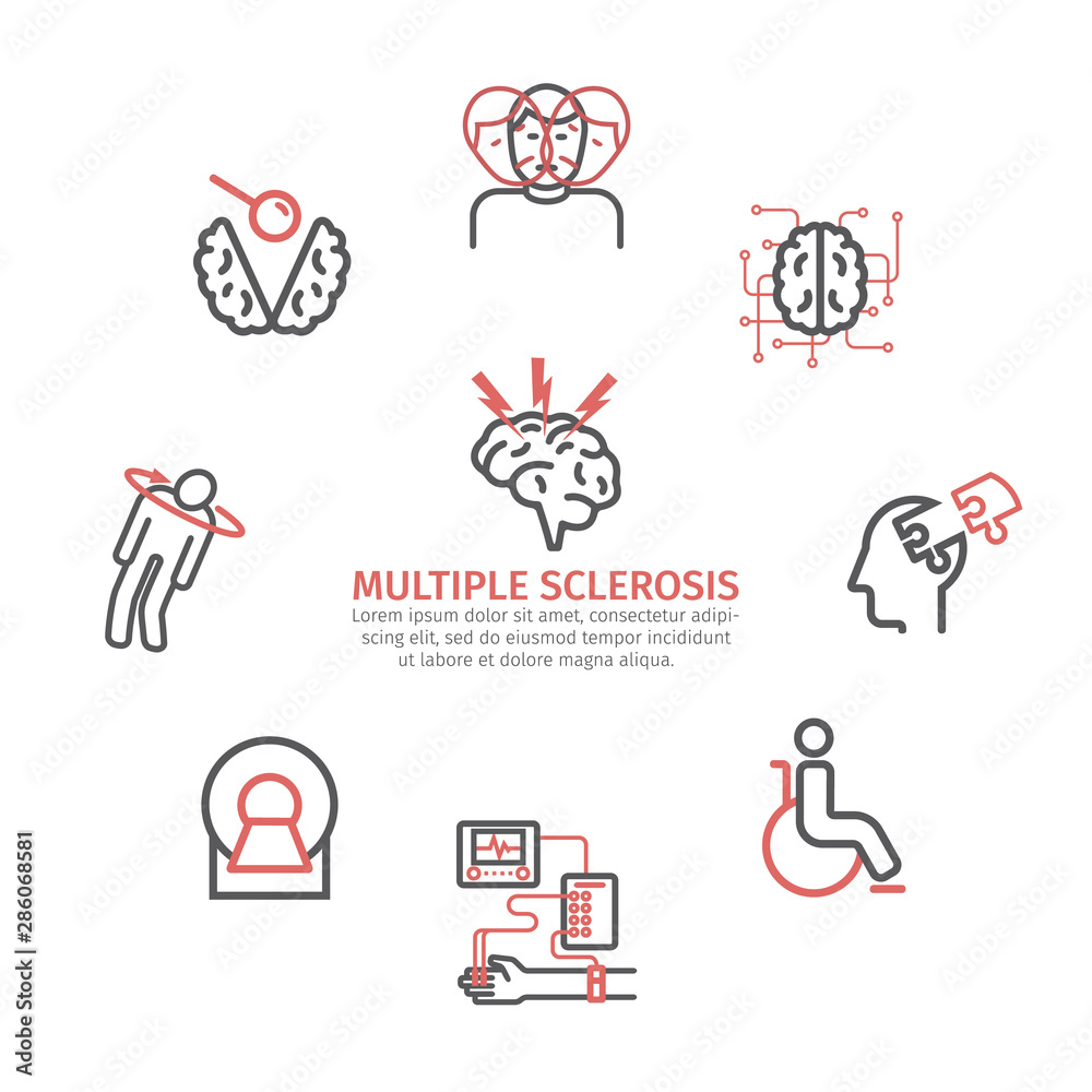Multiple sclerosis banner. Symptoms, Causes, Treatment. Line icons set ...