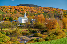 Iconic New England Church In Stowe Town At Autumn In Vermont, USA