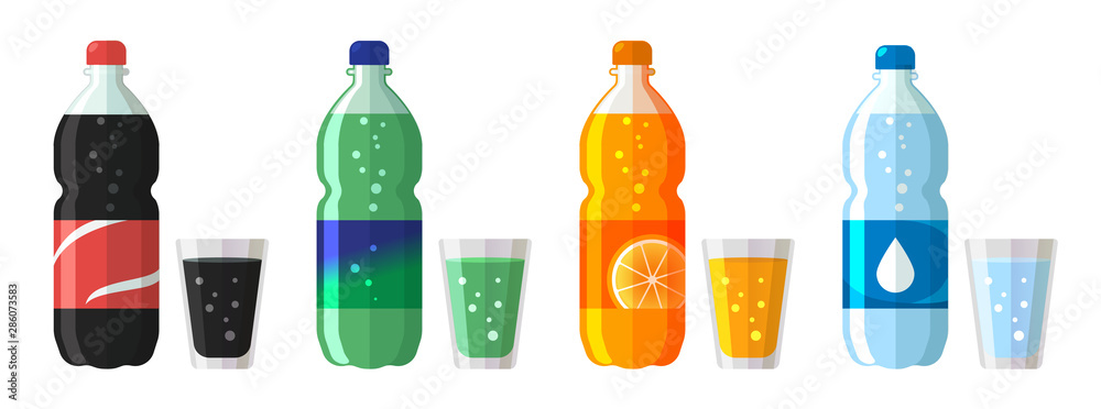 set of plastic bottle of water and sweet soda with glasses. Flat vector water soda icons illustration isolated on white - obrazy, fototapety, plakaty 