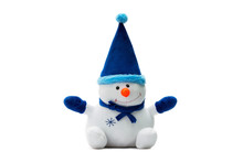 Closeup Image Of Soft Toy Snowman As A Symbol Of New Year Isolated At White Background.