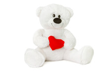 Image Of White Toy Teddy Bear Holding Red Heart And Sitting At Isolated White Background.