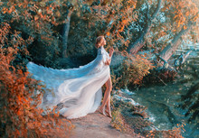 A Woman Is Standing On The Riverbank In A White Dress And A Raincoat With Feathers. Queen Of Swans. A Fashionable Cloak For Wedding Events Embroidered With Silver And Stones Flutters In The Wind.