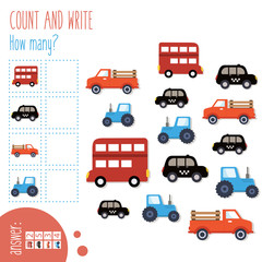 Count and write. How many? Easy worksheet with transport for preschoolers,  children in elementary and middle school. Fun way to practice math. Includes answers. Vector illustration.