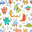© Good Studio - Seamless pattern with strange charming fantastic monsters, magical fairytale creatures, funny mutants on white background. Flat cartoon childish vector illustration for wrapping paper, fabric print.