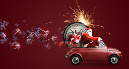 Wall Mural - Christmas countdown arriving. Santa Claus on car delivering New Year gifts and clock at blue background