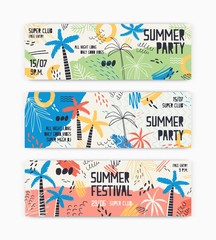 Aufkleber - Collection of web banner templates decorated by exotic palm trees, stains, blots and scribble for summer dance party. Modern vector illustration for summertime event announcement, advertisement.
