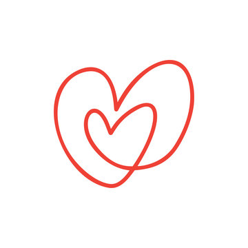 Calligraphy monoline vector two Heart love sign. Romantic Hand drawn icon of valentine day. Concepn symbol for t-shirt, greeting card, poster wedding. Design flat element illustration