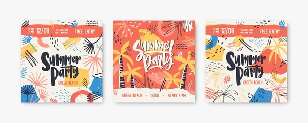 Aufkleber - Bundle of square banner or invitation templates decorated by exotic palm trees, stains and scribble for summer party or open air festival. Modern vector illustration for seasonal event announcement.