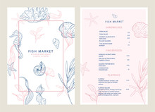 Food Brochure For A Fish Restaurant. Seafood. Menu Template. Vector Design Menu With Marine Elements: Algae, Shells, Seahorse, Corals.
