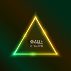 Vector abstract neon triangle light effect background. Glowing decorative effect of luminous geometric shape. Green and yellow gleaming. Illuminating frame illustration for banners, posters.