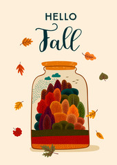 Wall Mural - Autumn design with autumn forest. Vector template for card, poster, flyer, cover and other use.