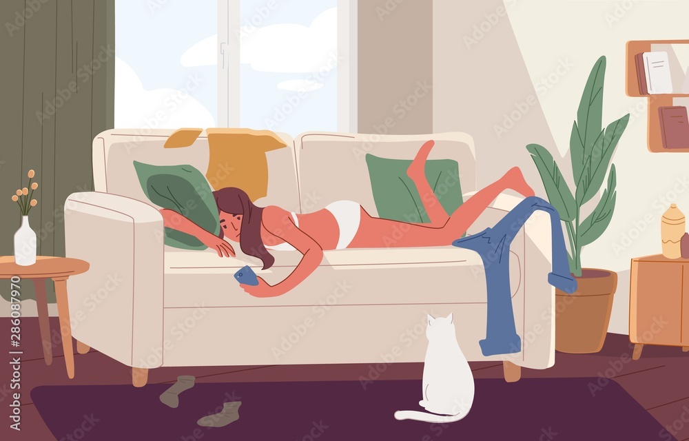 Apathetic young woman lying on sofa in messy room or apartment and surfing internet on smartphone. Lazy girl resting on couch at home. Apathy and indifference. Flat cartoon vector illustration. - obrazy, fototapety, plakaty 