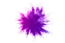 Freeze Motion Of Purple Color Powder Exploding On White Background.