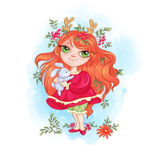 Cute Forest Girl With Deer Horns Holds A Little Hare. Wreath Of Autumn Red Berries. Vector Cartoon Character, Watercolor Background.