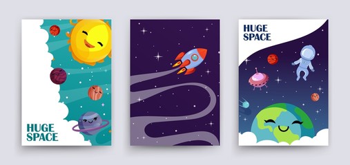 Sticker - Space flyers vector. Cartoon planets, universe, galaxy banners template. Cute sun, astronaut, earth, solar system planets, starry sky brochure. Astronaut space, astronomy galaxy science illustration