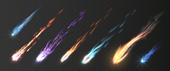 Poster - Comets and meteorite set. Vector realistic meteors and fireballs with fire trails. Meteor rain vector elements. Illustraiton fire trail, shooting glow in space, meteorite in galaxy