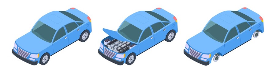 Wall Mural - Car isometric. Vector car repair illustration. Isometric blue auto upgrade. Repair auto, automobile transport service 3d