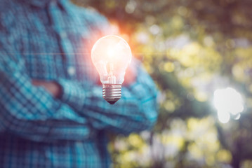 light bulbs with businessman on the public park background.,Concept idea and innovation.