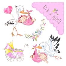 Set Of Illustrations For The Birth Of A Girl. Stork With Baby. Baby Shower. Vector.