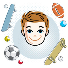 Cute boy face, human head. Vector redhead character, smiling toddler face features, sport and entertainment clipart.