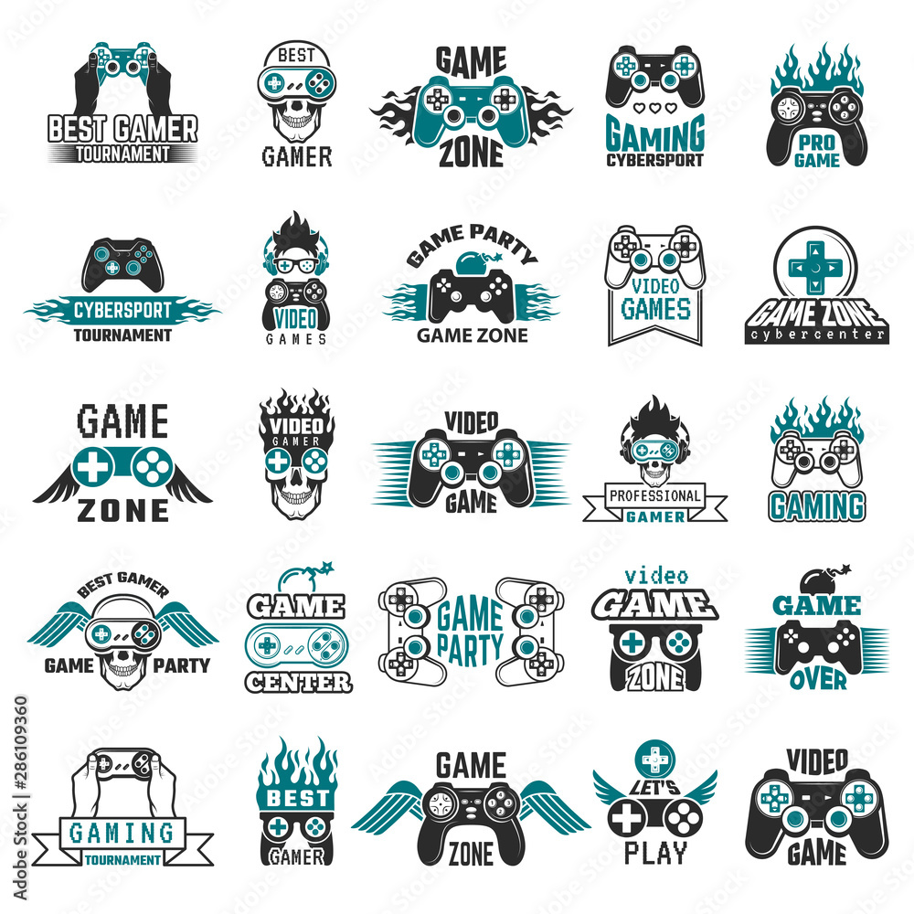 Video game labels. Gaming console cybersport logo joystick controller ...