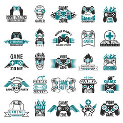 Poster - Video game labels. Gaming console cybersport logo joystick controller symbols of entertainment club vector collection. Illustration badge videogame zone and party, label vintage console gamepad