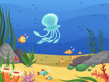 Underwater. Sea Life Background With Fishes And Water Plants Algae Vector Cartoon Landscape. Sea Life Marine, Tropical Ocean Fish Underwater Illustration