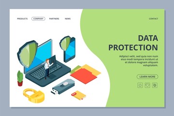 Wall Mural - Data protection landing page. Isometric mobile office, security center web page. Data protection center, security cloud technology illustration
