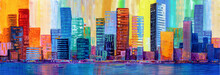 Artistic Painting Of Skyscrapers.Abstract Style. Cityscape Panorama.