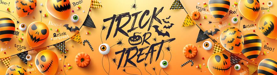 Wall Mural - Happy Halloween trick or treat poster with Halloween Ghost Balloons.Scary air balloons and Halloween Elements.Website spooky,Background or banner Halloween template.Vector illustration EPS10