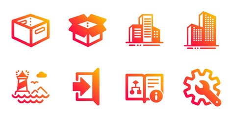Poster - open box, lighthouse and buildings line icons set. office box, exit and skyscraper buildings signs. 