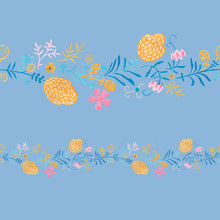 Bluestone Pattern Design. Wrapping Gift Paper Flower Decoration. Hand Painted Gouache Elegant Leaves And Twigs. Elegance Middle Ages Floral Ornament. Floral Seamless Pattern For Mediterranean Decor