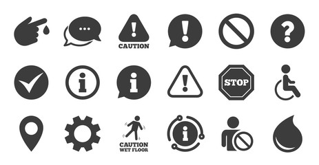 Poster - set of attention, information and caution icons. information, chat bubble icon. question mark, warni