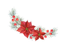 Watercolor Arch Arrangement Of Christmas Stars. Hand Painted Illustration With Poinsettia Flowers, Pine Tree, Red Berries. Winter Holiday Wreath Isolated On White For Greeting Card And Festive Decor