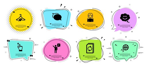 Agent, Smile chat and Talk bubble line icons set. Chat bubbles with quotes. Update document, Touchscreen gesture and Basketball signs. Slow fashion, Woman symbols. Business person, Happy face. Vector