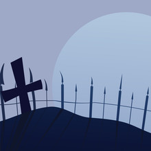 Background With The Big Moon And Cemetery, Vector. Background For Halloween.