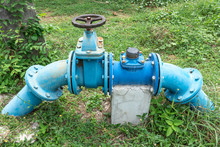 A Pump Station Delivers Water For Agricultural Watering, Water Pumping Station. Valve Faucet And Pumps