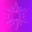 Clear glass snowflake in neon light on gradient purple and pink background. Minimal christmas concept.