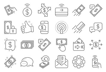 Poster - Payment wallet line icons. Set of Accept money transfer, Pay with Phone and Credit card by mail icons. Online payment, Dollar exchange and Fast money send. Private pay, Cash and Wallet. Vector