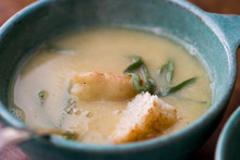 Close Up Of White Bean And Winter Squash Soup Served In Bowl